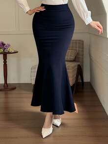 DAZY Women's Solid Color High Waist Slim Fit Elegant Office Skirt - Navy Blue - View 3
