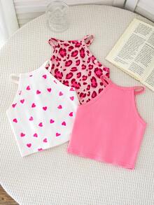 SHEIN Conjunto de 3 piezas para niña: Camiseta de punto de unicolor con estampado de leopardo y corazón - Multicolor - Ver 5