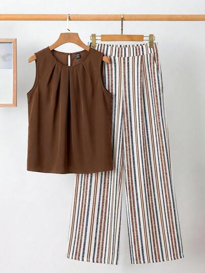 SHEIN Clasi Ensemble 2 pièces décontracté femme, Top plissé col rond unicolore et pantalon rayé