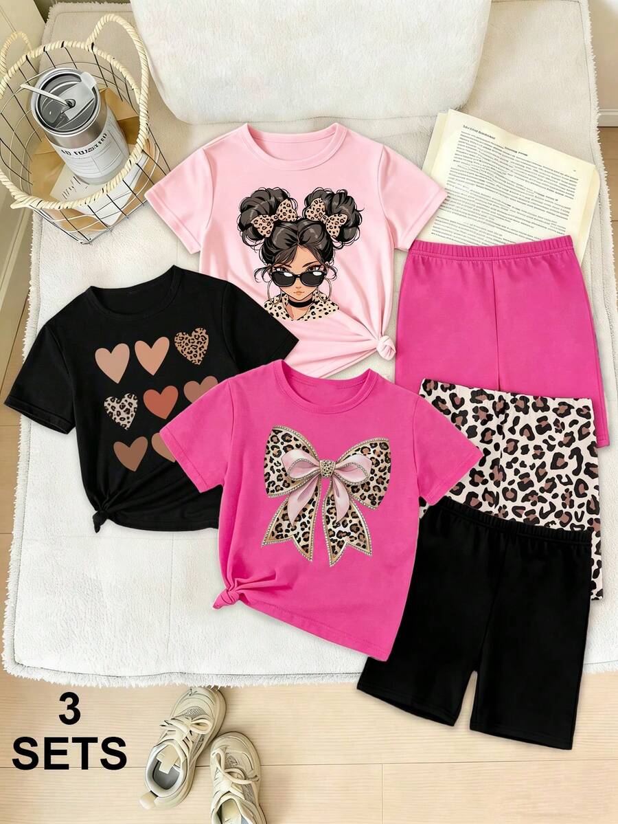 6pcs/Set Girls' Cute Leopard Print,Heart & Bow Graphic Short T-Shirt And Bike Shorts Outfits,Light Pink Summer Back-To-School School Casual Clothes - Multicolor - View 1