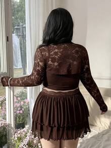 CovetEZ 大尺碼女款哥德風蕾絲拼接立領長袖時尚百搭上衣，咖啡棕色 - 咖啡棕 - 查看 2