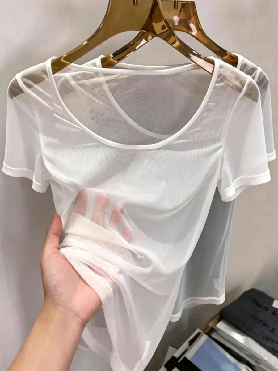 GlowEve CURVE Atasan Lengan Pendek Leher Bulat Transparan Warna Polos Ukuran Besar, Pesta Musim Panas Serba Putih Seksi - Putih - View 1