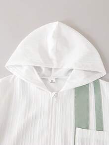 SHEIN Tween Boy Textured Striped Contrast Pocket Zip Front Long Sleeve Jacket - White - View 6