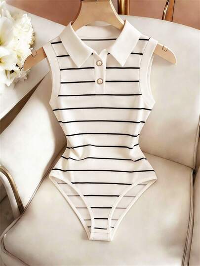 SHEIN Franclia Women's Elegant And Casual Black And White Striped Shirt Collar Sleeveless Fitted Jumpsuit, Summer Outfit, Women's Party Outfit, Women's Graduation Outfit, Outing Outfit, Women's Elegant Top, Women's Casual Top, Business Casual Commuting Outfit, White Top, Women's Striped Top