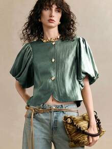Arave Women's Sage Green Elegant Summer Brunch Silk Round Collar Lantern Sleeve Hardware Buckle Cardigan Casual Urban Solid Short-Sleeved Woven Shirt Top - Green - View 7