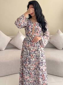 Yasmyna Women's Spring/Summer Woven Digital Printed Long Sleeve Embroidered Ruffle Drawstring Waist A-Line Elegant Romantic Arabic Dress Elegant Dress - Multicolor - View 6