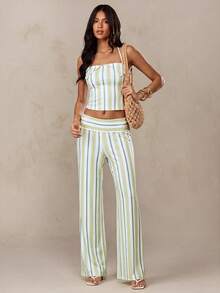SHEIN BAE Áo quây hở lưng kẻ sọc phong cách thường ngày dành cho nữ, thích hợp cho kỳ nghỉ. - màu xanh lá - Xem 3