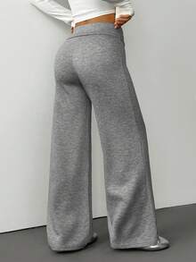 SHEIN PETITE Quần thể thao nữ màu trơn, ống rộng, cạp gập, dáng suông, thích hợp mặc ở nhà vào mùa thu và mùa đông. - Màu xám đen - Xem 2