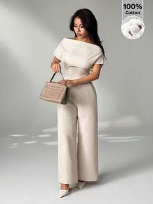 SHEIN PETITE Bộ đồ nữ mùa hè mới về, kiểu dáng đơn giản, thanh lịch, thường ngày, chất liệu vải lanh, gồm áo sơ mi cổ rộng, trễ vai và quần ống rộng. - Màu be - Xem 1