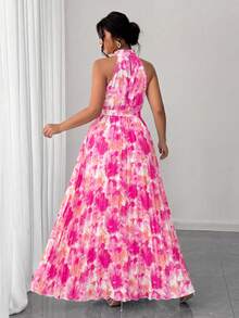 Elenzga Plus Size Women Elegant Romantic Ditsy Floral Halter Neck Pleated Flowy Waist Maxi Dress - Multicolor - View 2