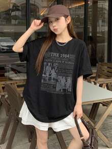 DAZY Women's Character Slogan Printed Drop Shoulder Loose T-Shirt Graphic Tee Oversized T-Shirt - Black - View 8