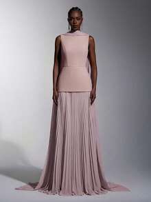 Elitara Elegant Dusty Pink Summer Formal Wedding Guest Dress, Boat Neck Chiffon Patchwork Pleated A-Line Skirt,Fashionable Bridesmaid Party Dress - Dusty Pink - View 6