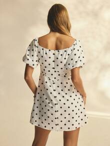 Aralina Women's Polka Dot Puff Sleeve Spot Dress Off Shoulder Elastic Puff Sleeve Bust Trim Detail Short Mini Dress Daytime Events Casual Occasions - Black and White - View 2