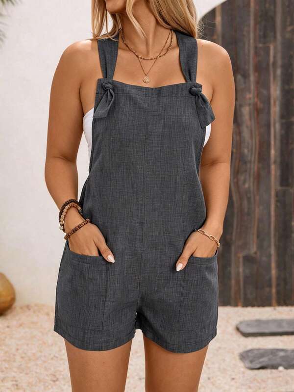 Breezaya Plus Size Women Dark Grey Summer Casual Linen-Like Jumpsuit,Bohemian Vacation Style Romper,Knotted Wide Straps Bib Pants With Pockets,Backless