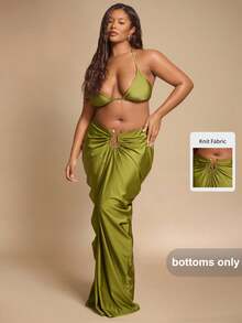 SHEIN BAE Falda de mujer talla grande verde oliva con decoración metálica, elegante para vacaciones de verano, fiesta en la playa, graduación, cumpleaños Y2K de curvas, tela de punto - Verde - Ver 2