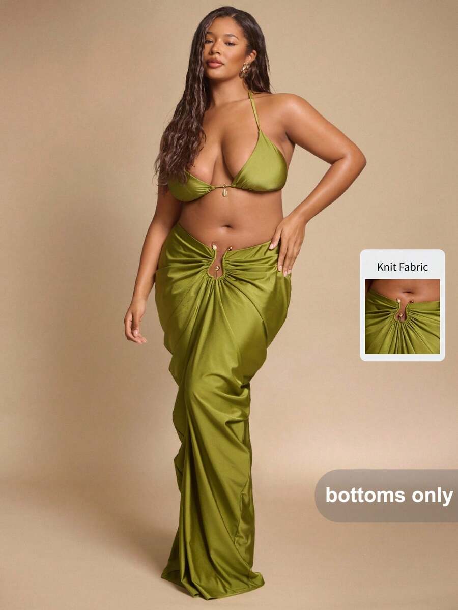 SHEIN BAE Falda de mujer talla grande verde oliva con decoración metálica, elegante para vacaciones de verano, fiesta en la playa, graduación, cumpleaños Y2K de curvas, tela de punto