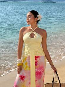 Sunnyshic Plus Size Women Brown Floral Summer Boho Vacation Holiday Soft Halter Hollow-Out Top High-Waist Wide-Leg Pants Set Matching Ribbon Decor Gym - Multicolor - View 6