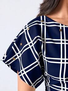 LYSMO Women's Elegant Sexy Navy Blue Plaid Asymmetric Shoulder Ruffle Shirt Blouse Summer Work Day Party Night Out Tops - Navy Blue - View 6