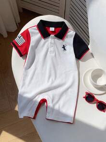 Souflis Souflis 幼童男童白色夏季休閒度假日 Polo 連身褲，刺繡 Polo 馬標誌、多色領口與鈕扣開合，適用 3 個月至 3 歲 - 彩色 - 查看 3