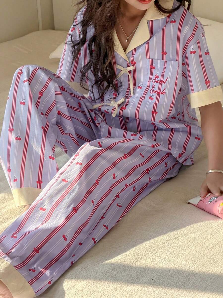 DAZY 少女條紋櫻桃印花鈕扣短袖上衣與長褲睡衣套裝 夏季款 - 淡紫色 - 查看 1