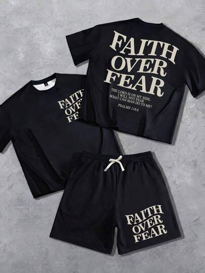 SHEIN 2pcs Tween Boys T-Shirt Co-Ords, Black Big Letter Back Graphic Short Sleeve T-Shirt And Shorts Set, Suitable For Outings, Outdoor, Holiday Parties, Summer Beach Vacation, Spring/Summer Wear