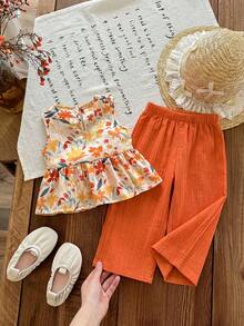 SHEIN Bộ đồ bé gái dễ thương gồm áo tank top không tay cổ tròn in hoa màu mơ, có bèo nhún ở gấu và áo dài vừa phải. - Nhiều màu - Xem 3