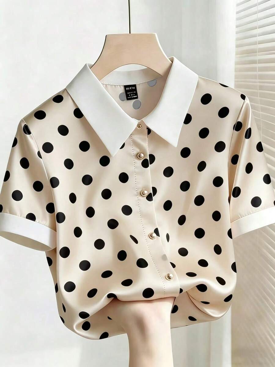 SHEIN Franclia 女款優雅米色黑色波點對比領短袖襯衫,夏季辦公通勤上衣,海灘休閒襯衫,度假通勤穿搭 - 香檳色 - 查看 1