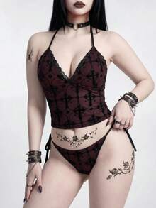 ROMWE Bộ đồ bơi 2 mảnh áo camisole ren gothic hình chữ thập & bikini 26SS, hàng mới về cho nữ Xuân/Hè 2026, phù hợp đi học, kỳ nghỉ, hẹn hò, trà chiều, phong cách Western, du thuyền, bãi biển, đảo, road trip, quanh năm, lễ hội âm nhạc, kỳ nghỉ Boho, kỳ nghỉ Bohemian, mùa thu chill, Western Boho, áo top thanh lịch cho nữ - Nhiều màu - Xem 6