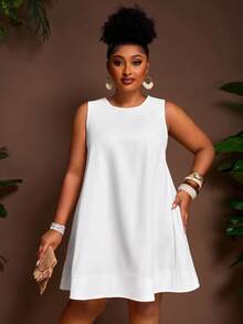 SHEIN CURVE+ Spring/Summer New Arrival Vacation & Casual Solid White Loose Sleeveless A-Line Plus Size Mini Dress For Women - White - View 8
