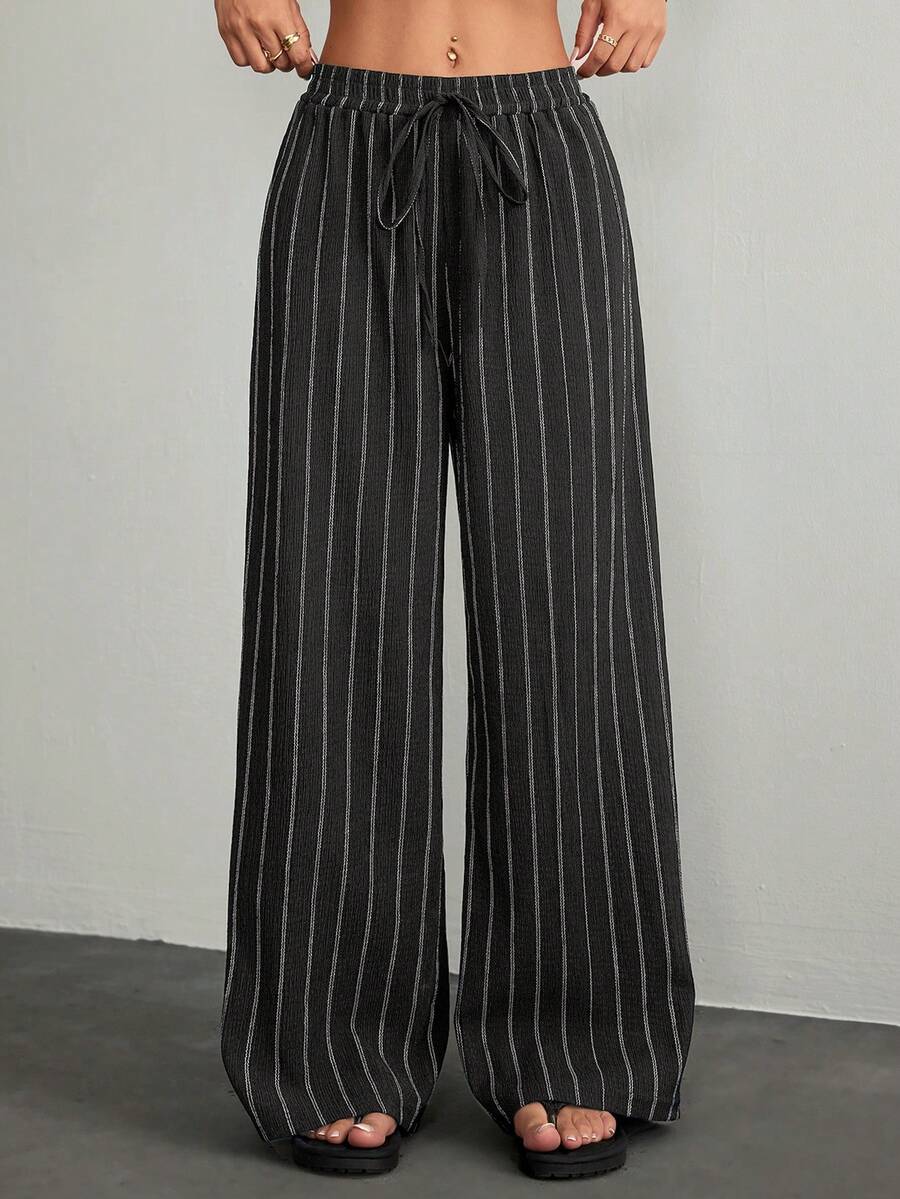 SHEIN PETITE Pantalones casuales sueltos de pierna recta con cordón y rayas para mujeres, para mujeres de talla pequeña - Gris Oscuro - Ver 1