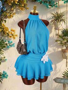 Amplova Abito da vacanza in stile boho romantico, tessuto traslucido con texture, dettaglio in vita con fiori 3D, mini abito a collo alto per donna - Blu - Visualizzare 7
