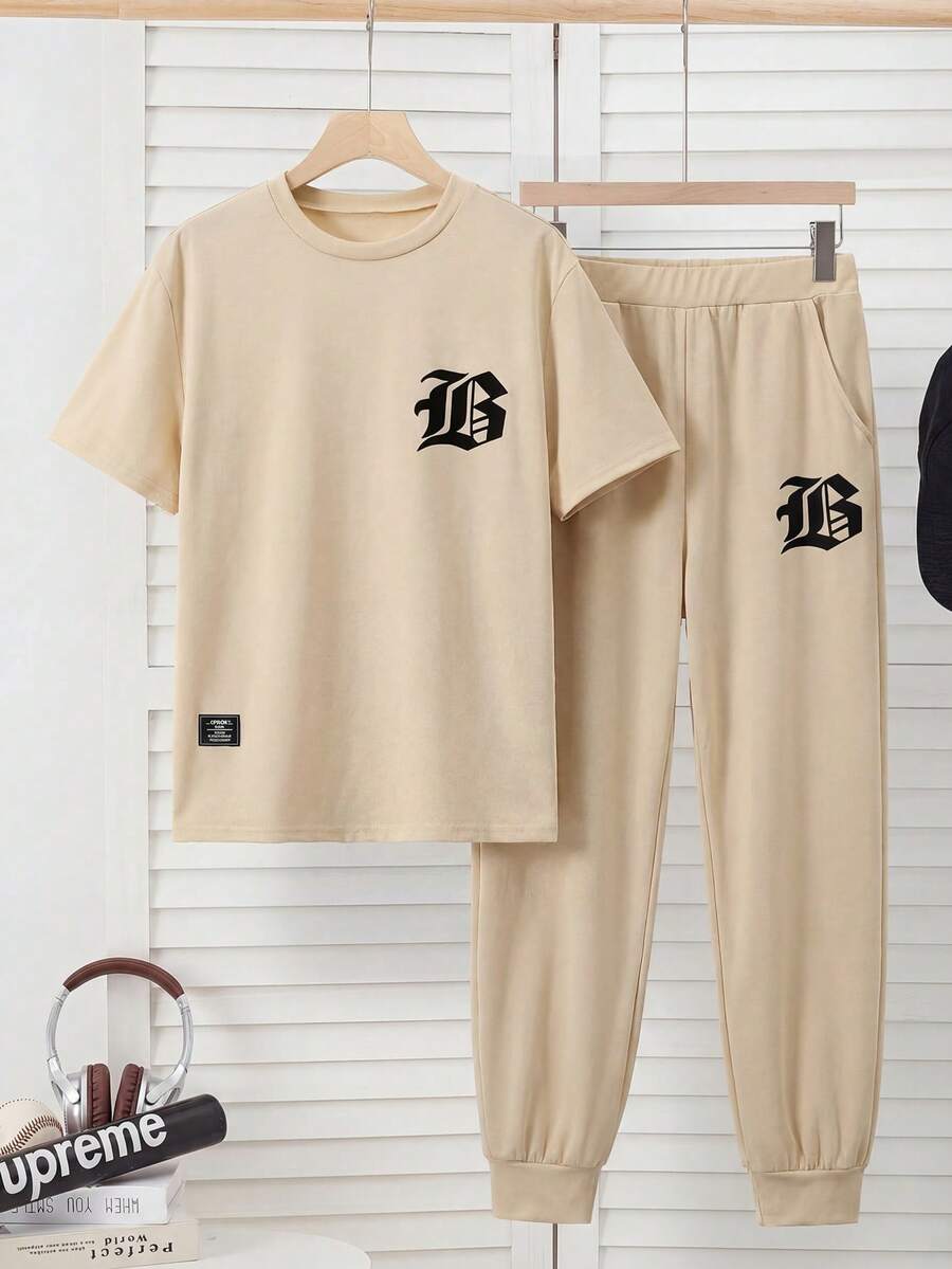Vacaura 2件套休闲青少年男童字母图案T恤套装,时尚简约设计,适合日常通勤。 - 杏色 - 查看 1