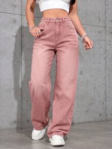 ICON Versatile Solid Color Straight Leg Jeans With Pocket - Rosa - View 5
