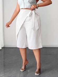 Maweii Pantalones cortos con cordón de unicolor para mujer de talla grande - Blanco - Ver 4