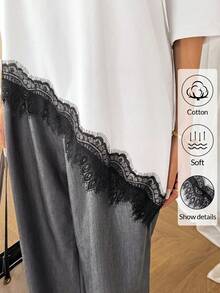 Easowa Áo thun ngắn tay nữ phối ren, kiểu dáng thường ngày đa năng; Áo polo nữ màu trắng bằng cotton với viền ren đen; Áo thun nữ màu trắng pha cotton với viền ren tinh tế và thiết kế bất đối xứng độc đáo; Áo mùa hè màu trắng. - trắng - Xem 7
