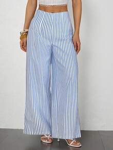 SHEIN PETITE 女士简约休闲时尚返校季复古通勤条纹高腰纹理阔腿裤 - 藍色 - 查看 4