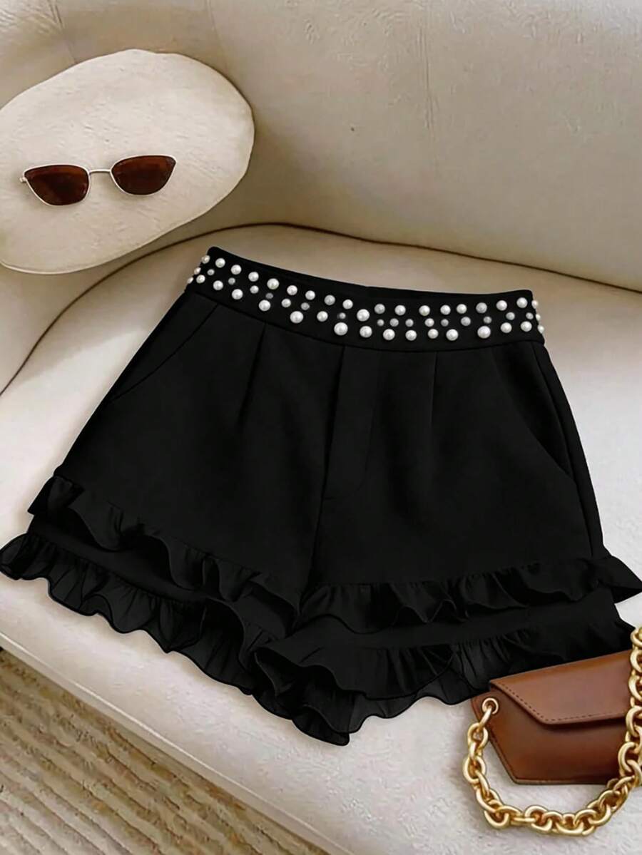 GlowEve CURVE Plus Size Elegant Faux Pearl Beaded Ruffle Hem Shorts, Summer - Black - View 1