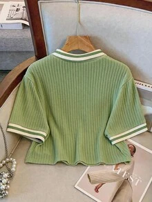 GlowEve CURVE 大尺碼熱銷撞色 Polo 領休閒夏季針織 T-shirt - 綠色 - 查看 2