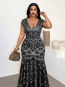 Maweii Women's Elegant V-Neck Leopard Print Fishtail Hem Design Dress, Suitable For Party, Gathering And Daily Wear - Black - View 5