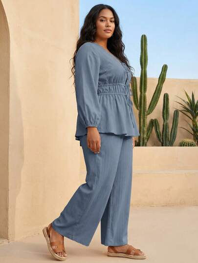  ELLERISSA Plus Size Curve Two Piece Set For Women, Blue Textured Fabric V Neck Tie Front Long Puff Sleeve Shirred Waist Peplum Top & Wide Leg Pants Set, Boho Vacation Resort Wear Spring Summer Casual Outfit, Plus Size Two Piece Sets For Women, Textured Boho Co Ord Set