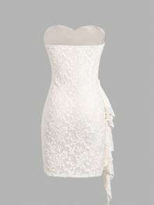 SHEIN Teen Girl Solid Color Knit Lace Ruffle Tie Ruched Elegant Fashion Party Strapless Dress KIDS - Apricot - View 4