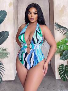 Slaydiva 2026 New Women's Spring/Summer Halter Neck Wavy Print Beach Swimsuit, Plus Size - Multicolor - View 4