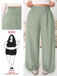 SHEIN CURVE+ Plus Size Women Solid Color Waist Drawstring Wide Leg Pants - Mint Green - View 2