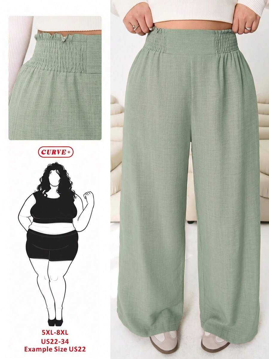 SHEIN CURVE+ Plus Size Women Solid Color Waist Drawstring Wide Leg Pants