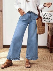EMERY ROSE Plus Size Women Street Casual Comfortable Mid-Blue Non-Stretch Ruffle Hem Straight Leg Jeans - Light Wash - View 5