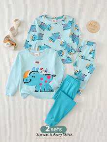 Cozy Pixies Bộ đồ ngủ 4 món cho bé trai in hình hoạt hình, chất liệu mềm mại, cổ tròn, tay dài và quần dài cạp chun, ôm sát. - màu xanh lá - Xem 3