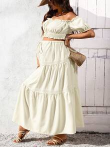 SHEIN Maternity Simple Solid Color Off-Shoulder Top And Skirt 2-Piece Set - Apricot - View 7