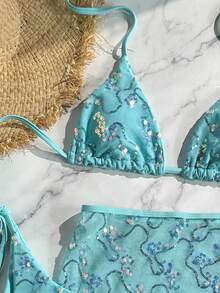 Costavie Bộ 3 món, áo ngực tam giác bằng vải đính sequin nhiều màu sắc, quần bơi buộc dây bên hông và váy ngắn vuông đính sequin, bộ bikini gợi cảm dành cho nữ, mùa xuân/hè. - Màu xanh Bạc hà - Xem 5
