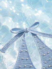 ROMWE Đầm dạ hội màu xanh bạc hà đính sequin, cổ yếm, lưng chữ V sâu, ôm sát cơ thể, chất liệu dệt kim, thích hợp cho kỳ nghỉ. - Màu xanh lam - Xem 4