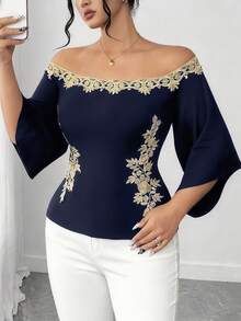 Elenzga Chemise d'été élégante à épaules dénudées avec broderie florale, grande taille - Bleu marine - Voir 4